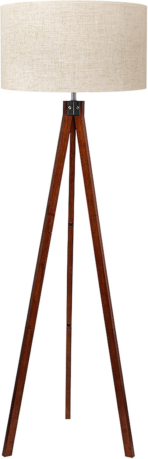 LEPOWER Wood Tripod Floor Lamp, Mid Century Standing Lamp, Modern Design Studying Light for Living Room, Bedroom, Study Room and Office, Flaxen Linen Shade with E26 Base Brown